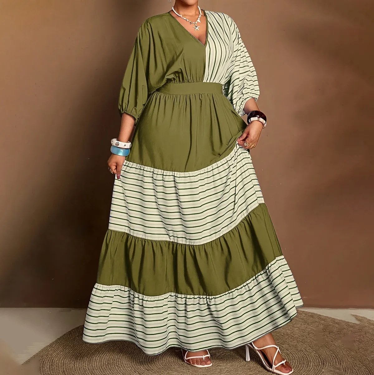 Women Fashion Casual Plus Size Spring/Summer Stripe Contrast Color Half-Sleeve V-Neck A- Line Dress