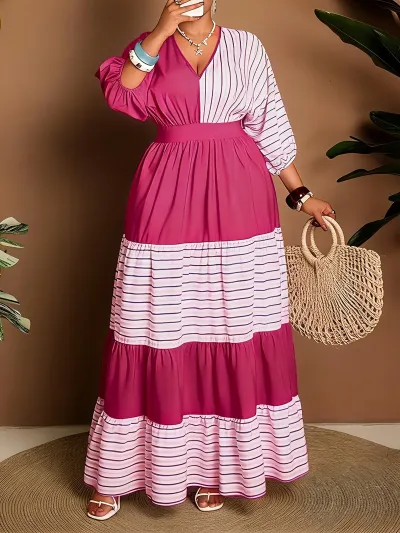 Women Fashion Casual Plus Size Spring/Summer Stripe Contrast Color Half-Sleeve V-Neck A- Line Dress