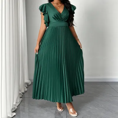 Women Fashion Casual Plus Size Summer Solid Color V-Neck Ruffle Sleeve Tight Waist A- Line Dress