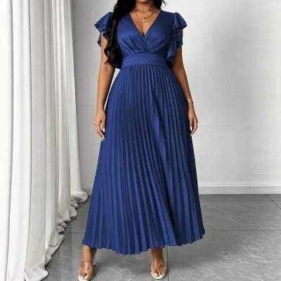 Women Fashion Casual Plus Size Summer Solid Color V-Neck Ruffle Sleeve Tight Waist A- Line Dress