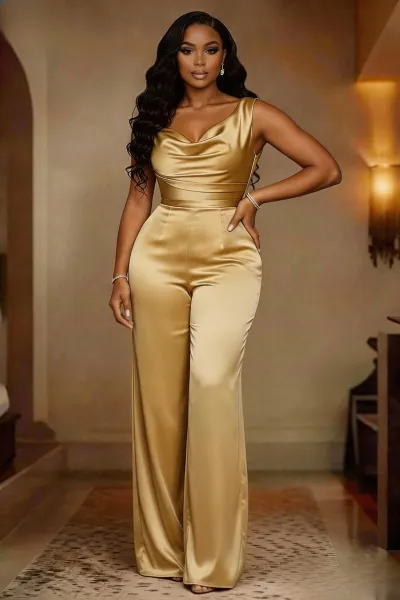 Women Fashion Solid Color Satin Sleeveless Jumpsuits
