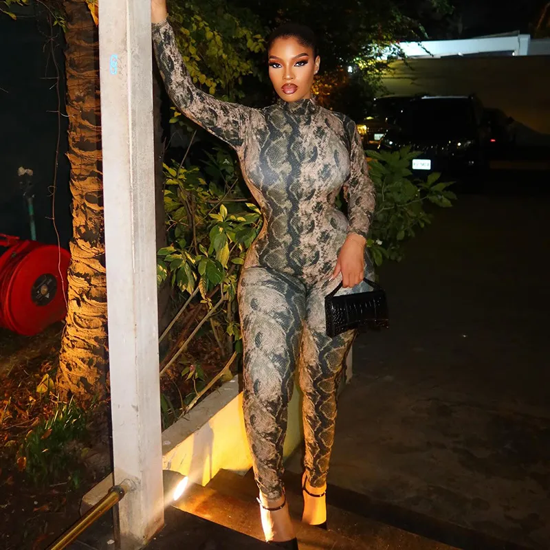 Women Fashion Sexy Printed High-Neck Long-Sleeve Slim-Fit Jumpsuit