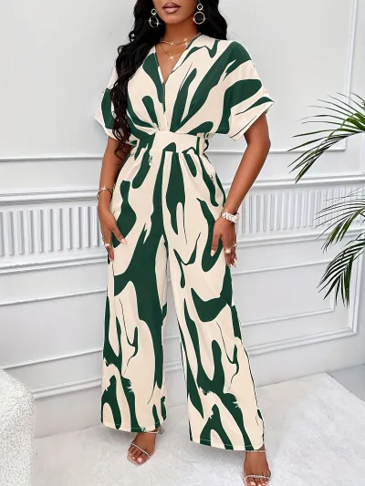 Women Fashion Casual Spring And Summer Printed Lapel Short-Sleeve Waist Wide-Leg Jumpsuits