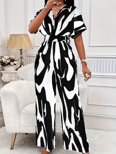 Women Fashion Casual Spring And Summer Printed Lapel Short-Sleeve Waist Wide-Leg Jumpsuits
