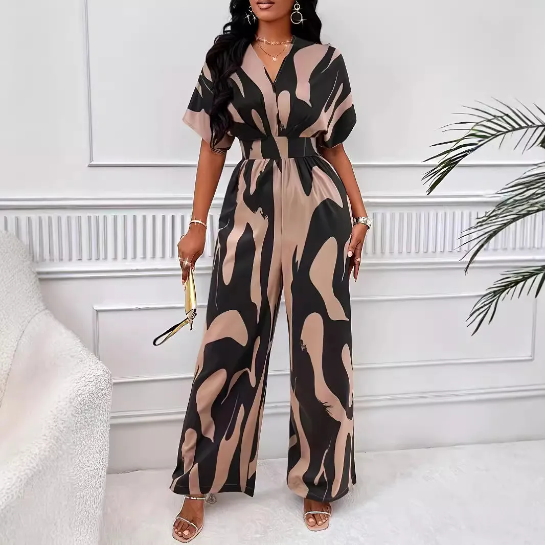 Women Fashion Casual Spring And Summer Printed Lapel Short-Sleeve Waist Wide-Leg Jumpsuits