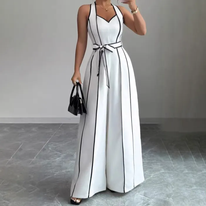 Women'S Fashion Casual Black White Color Contrast V-Neck Sleeveless Wide-Leg Jumpsuit