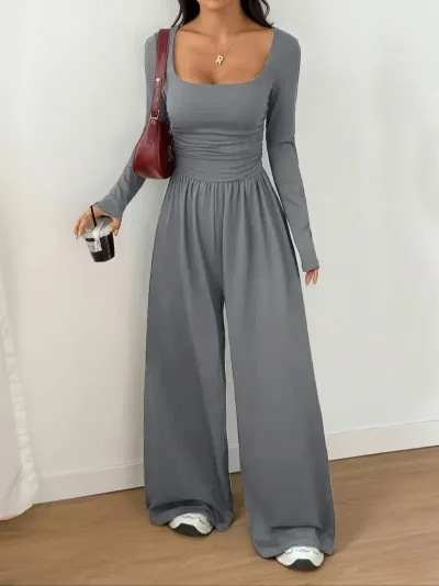 Women'S Fashion Casual Solid Color Square Collar Long Sleeve Waist Tight Wide Leg Jumpsuit