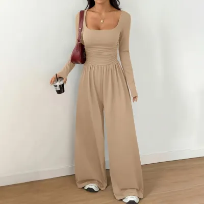 Women'S Fashion Casual Solid Color Square Collar Long Sleeve Waist Tight Wide Leg Jumpsuit