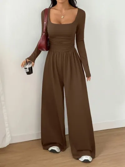Women'S Fashion Casual Solid Color Square Collar Long Sleeve Waist Tight Wide Leg Jumpsuit