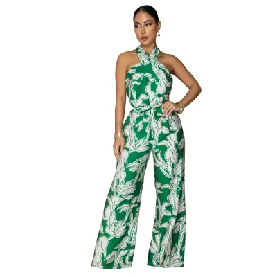 Women Fashion Printed Halter-Neck Sleeveless Wide-Leg Jumpsuit