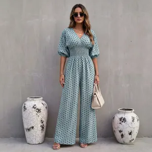 Women Fashion Casual Polka Dot Print V-Neck Bubble Sleeve Elastic Waist Wide Leg Jumpsuit
