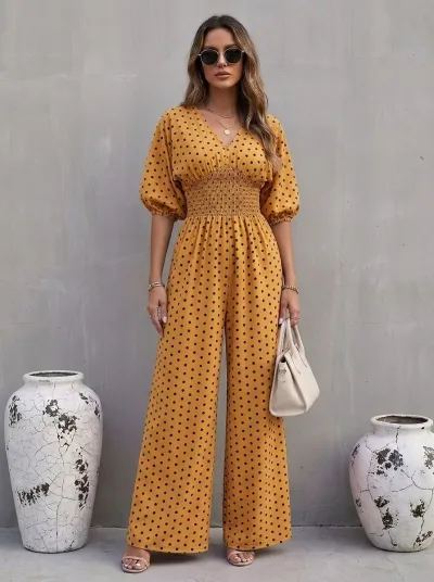 Women Fashion Casual Polka Dot Print V-Neck Bubble Sleeve Elastic Waist Wide Leg Jumpsuit