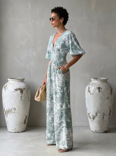 Women Fashion Casual Polka Dot Print V-Neck Bubble Sleeve Elastic Waist Wide Leg Jumpsuit