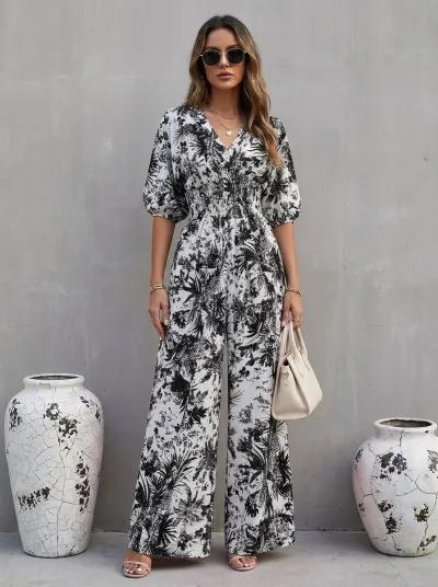 Women Fashion Casual Polka Dot Print V-Neck Bubble Sleeve Elastic Waist Wide Leg Jumpsuit