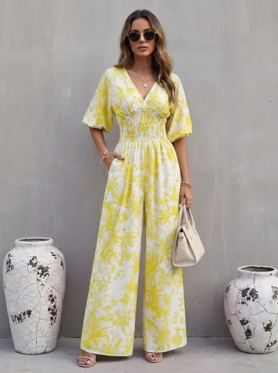 Women Fashion Casual Polka Dot Print V-Neck Bubble Sleeve Elastic Waist Wide Leg Jumpsuit