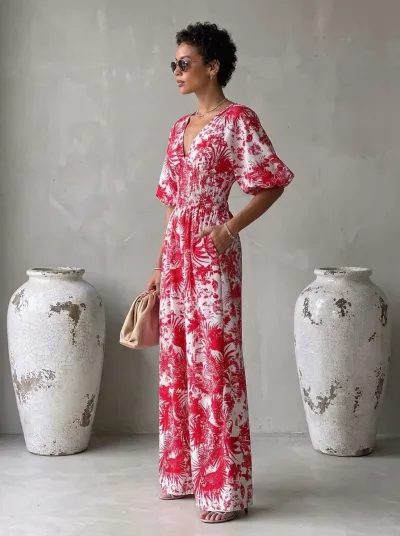 Women Fashion Casual Polka Dot Print V-Neck Bubble Sleeve Elastic Waist Wide Leg Jumpsuit