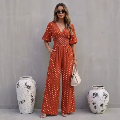 Women Fashion Casual Polka Dot Print V-Neck Bubble Sleeve Elastic Waist Wide Leg Jumpsuit