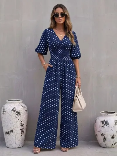 Women Fashion Casual Polka Dot Print V-Neck Bubble Sleeve Elastic Waist Wide Leg Jumpsuit