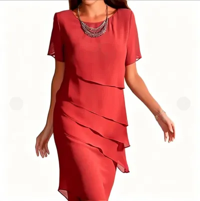 Women Fashion Casual Summer Solid Color Chiffon Round Neck Short Sleeve Slim Fit Layered Dress
