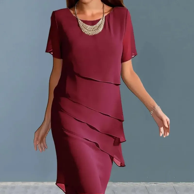 Women Fashion Casual Summer Solid Color Chiffon Round Neck Short Sleeve Slim Fit Layered Dress