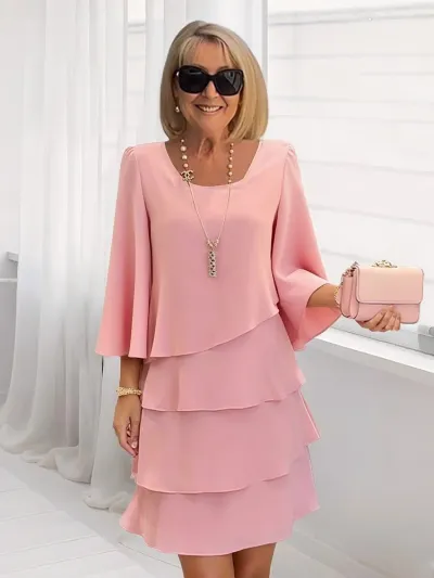 Women Fashion Casual Spring And Summer Solid Color Round Neck Long-Sleeve Loose Layered Dress