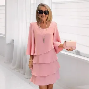 Women Fashion Casual Spring And Summer Solid Color Round Neck Long-Sleeve Loose Layered Dress
