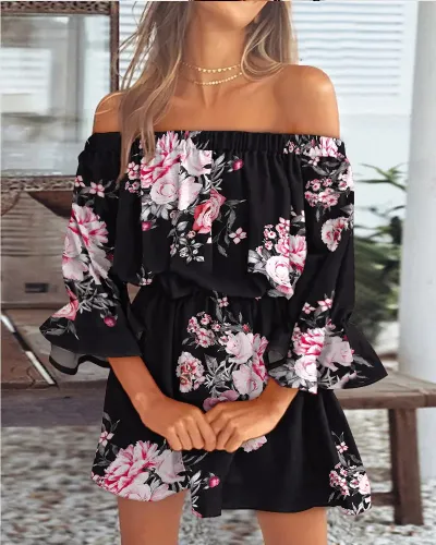 Women Fashion Casual Loose Flower Print Off-Shoulder Long-Sleeve Loose Dress