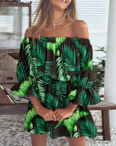 Women Fashion Casual Loose Flower Print Off-Shoulder Long-Sleeve Loose Dress