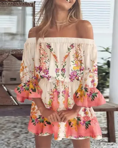Women Fashion Casual Loose Flower Print Off-Shoulder Long-Sleeve Loose Dress