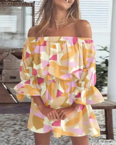 Women Fashion Casual Loose Flower Print Off-Shoulder Long-Sleeve Loose Dress