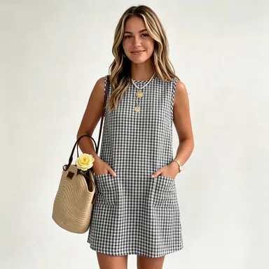 Women Fashion Casual Summer Plaid Sleeveless Round Neck Pocket Back Zip Dress