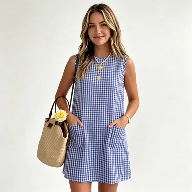 Women Fashion Casual Summer Plaid Sleeveless Round Neck Pocket Back Zip Dress