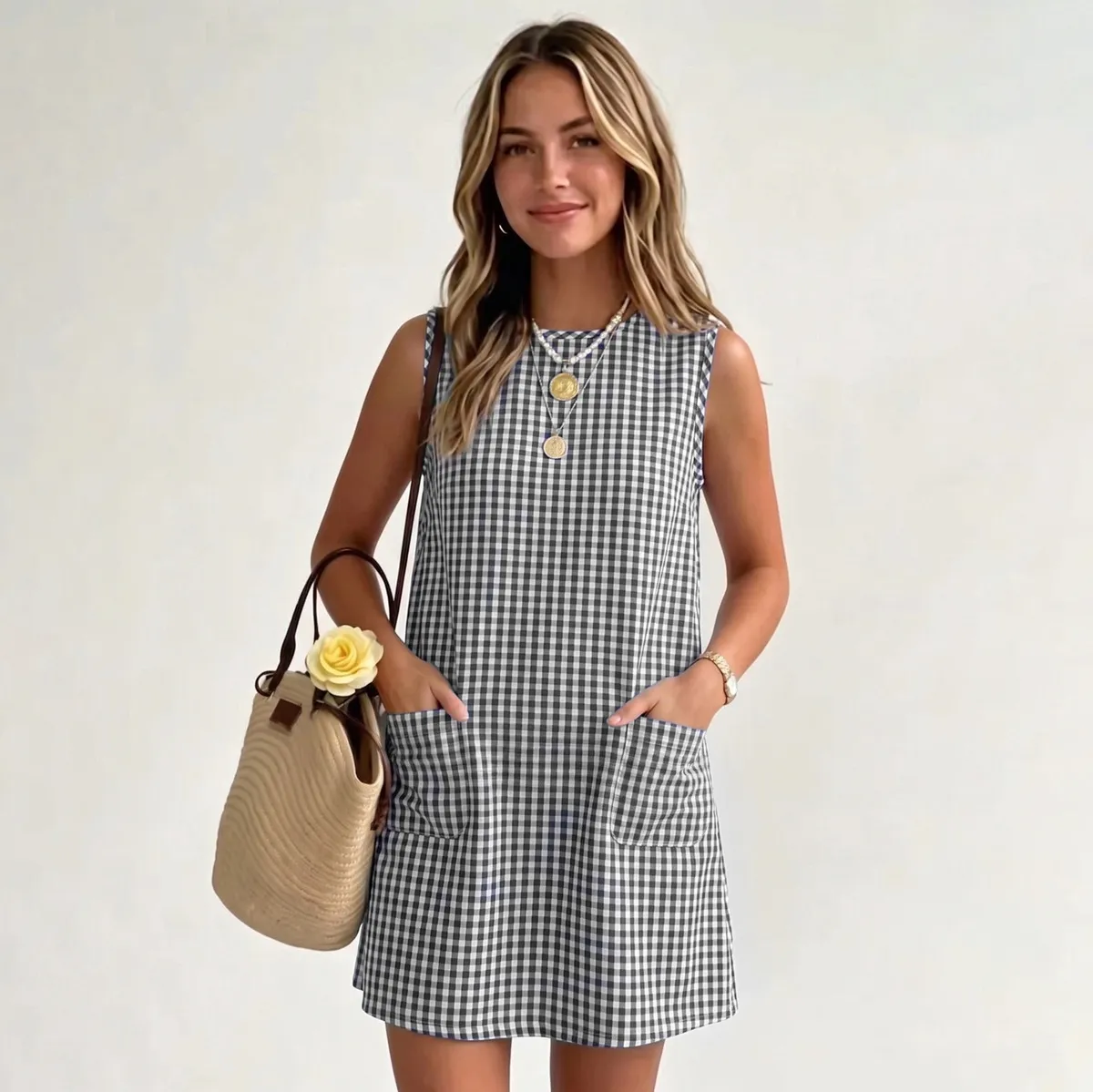 Women Fashion Casual Summer Plaid Sleeveless Round Neck Pocket Back Zip Dress