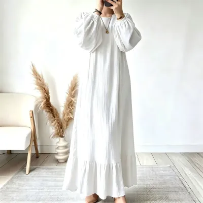 Women Fashion Casual Spring And Autumn Solid Color Round-Neck Long Sleeve Long Ruffled Hem Dress