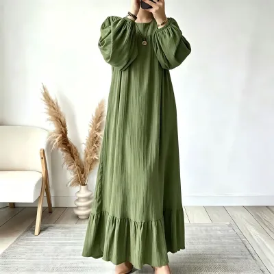 Women Fashion Casual Spring And Autumn Solid Color Round-Neck Long Sleeve Long Ruffled Hem Dress