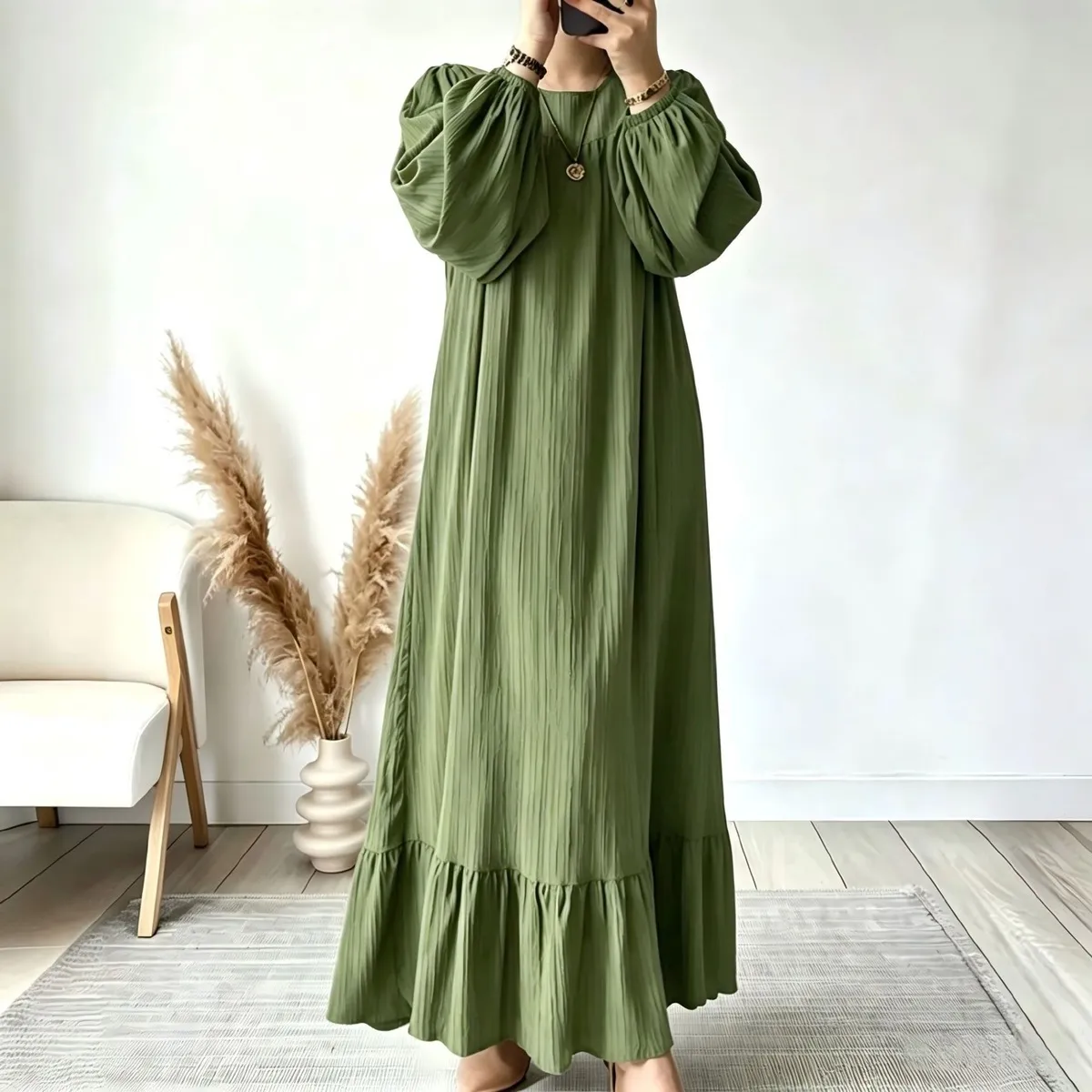 Women Fashion Casual Spring And Autumn Solid Color Round-Neck Long Sleeve Long Ruffled Hem Dress