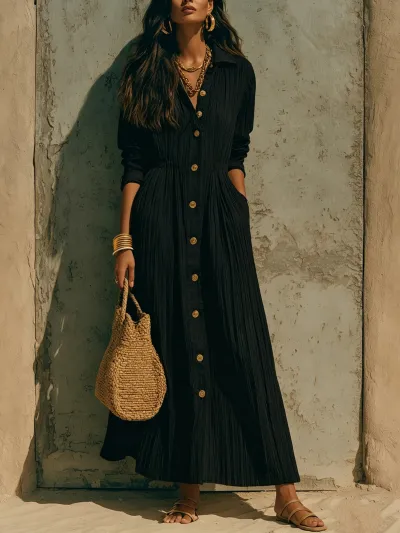 Women Fashion Casual Solid Color Lapel Long-Sleeve Single-Breasted Waisted Loose Dress