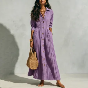 Women Fashion Casual Solid Color Lapel Long-Sleeve Single-Breasted Waisted Loose Dress