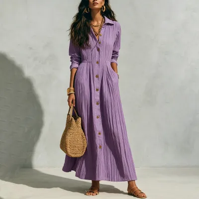 Women Fashion Casual Solid Color Lapel Long-Sleeve Single-Breasted Waisted Loose Dress