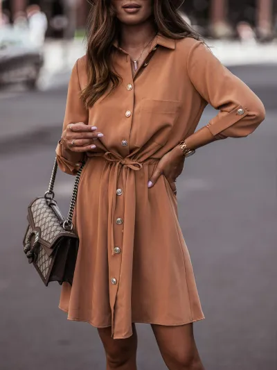 Women Fashion Casual Spring Solid Color Lapel Long-Sleeve Waistline Strap Button Dress