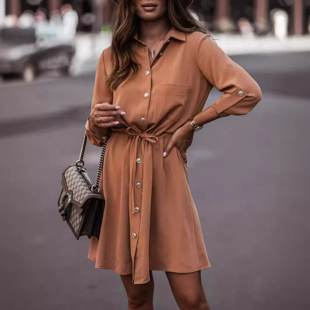 Women Fashion Casual Spring Solid Color Lapel Long-Sleeve Waistline Strap Button Dress