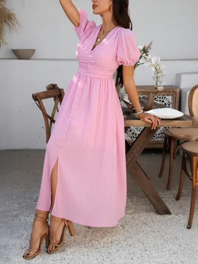 Women Fashion Casual Summer Solid Color V-Neck Short-Sleeve Single-Breasted Split Dress