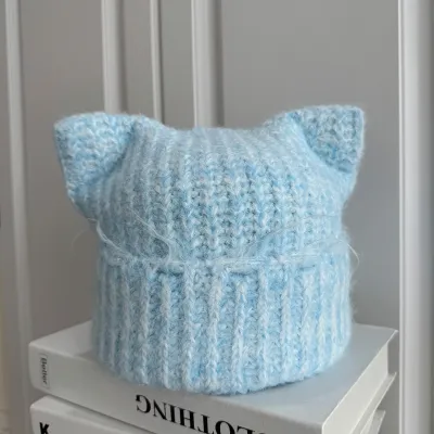 Women'S Fashion Cute Autumn And Winter Solid Color Thickened Warm Cat Ear Knitted Hat