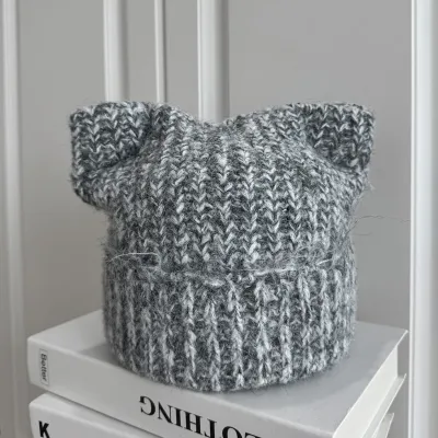 Women'S Fashion Cute Autumn And Winter Solid Color Thickened Warm Cat Ear Knitted Hat