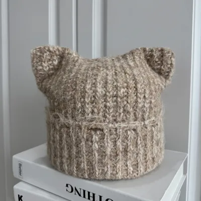 Women'S Fashion Cute Autumn And Winter Solid Color Thickened Warm Cat Ear Knitted Hat