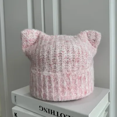 Women'S Fashion Cute Autumn And Winter Solid Color Thickened Warm Cat Ear Knitted Hat