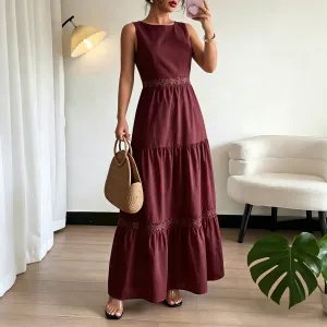 Women Fashion Casual Spring And Summer Solid Color Sleeveless Lace-Up Loose A-Line Dress