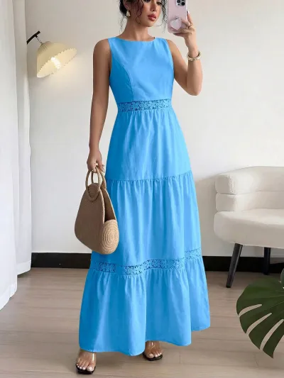 Women Fashion Casual Spring And Summer Solid Color Sleeveless Lace-Up Loose A-Line Dress