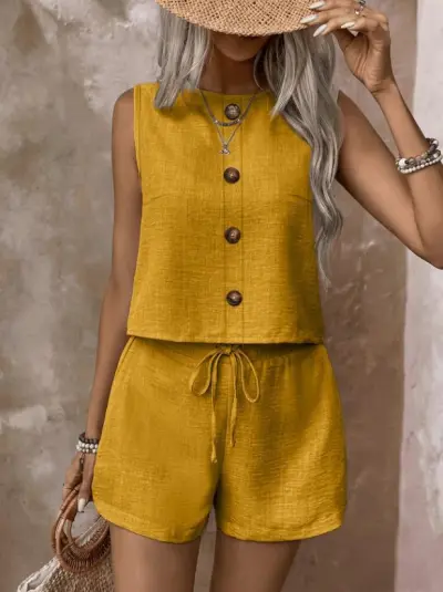 Women Fashion Casual Summer Solid Color Button Sleeveless Vest Loose Shorts Two-Piece Set