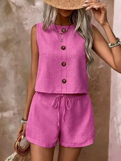 Women Fashion Casual Summer Solid Color Button Sleeveless Vest Loose Shorts Two-Piece Set